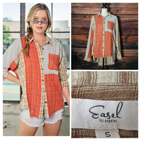Easel Top S Patchwork Distressed Button Front Asymmetrical Fringe Plaid Shirt - Picture 1 of 9